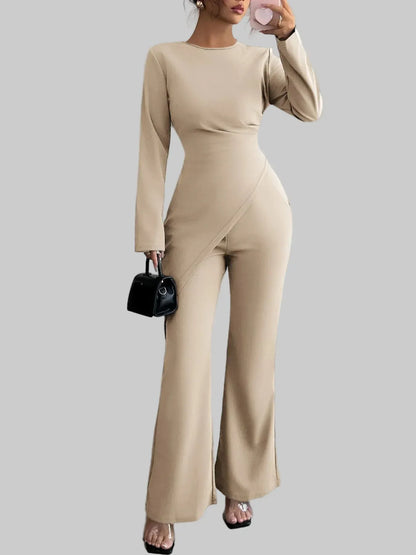 Asymmetric Long Sleeve Top and Pants Set Women's Sets Khaki / S The Nichole Collection