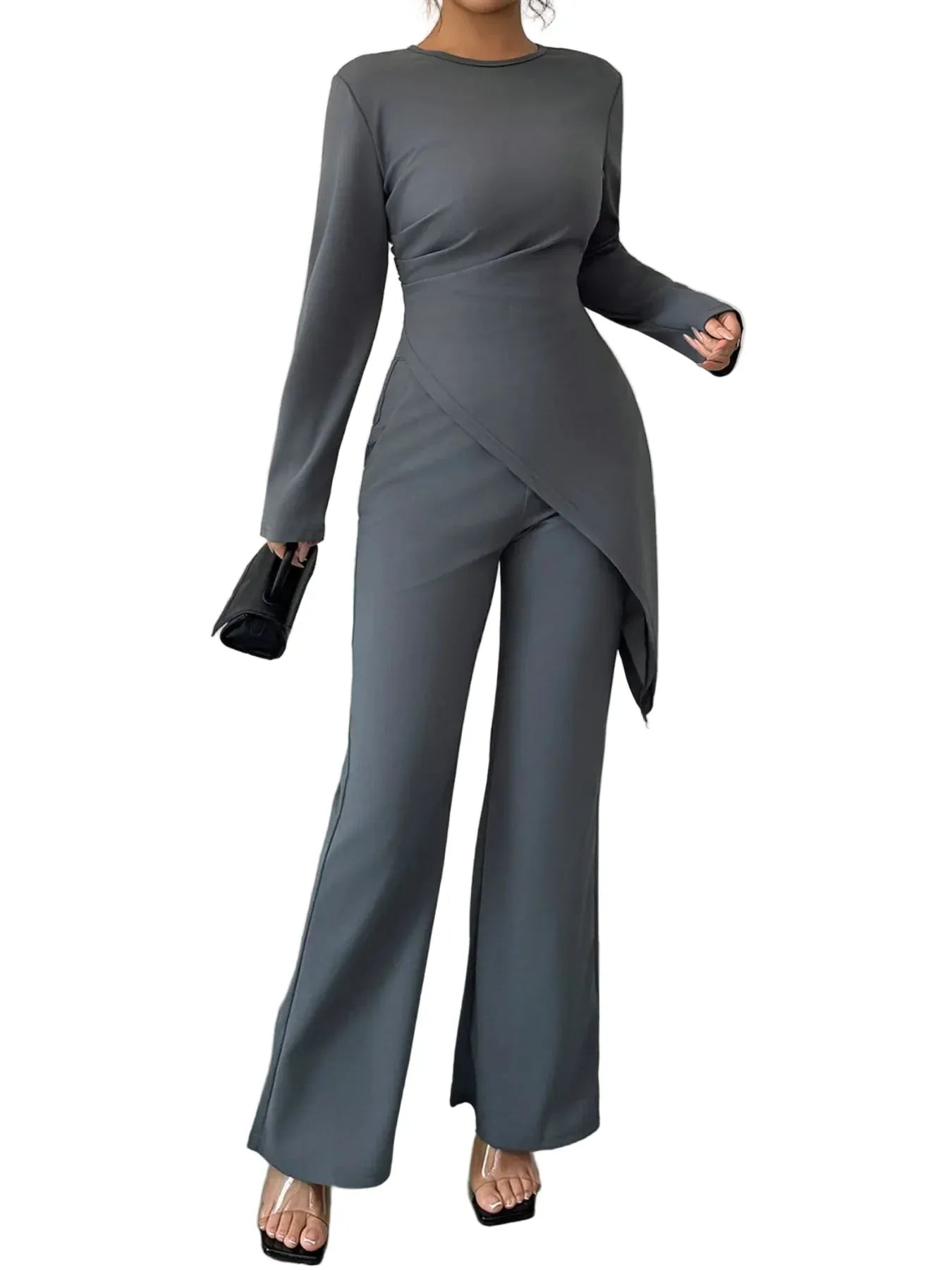 Asymmetric Long Sleeve Top and Pants Set Women's Sets Gray / S The Nichole Collection