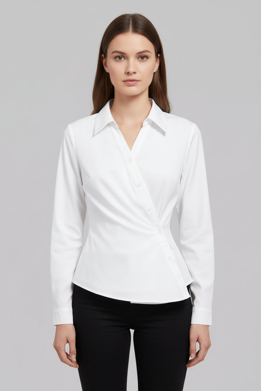 Asymmetrical Button Long Sleeve Shirt White / S The Nichole Collection