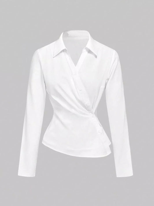 Asymmetrical Button Long Sleeve Shirt White / S The Nichole Collection