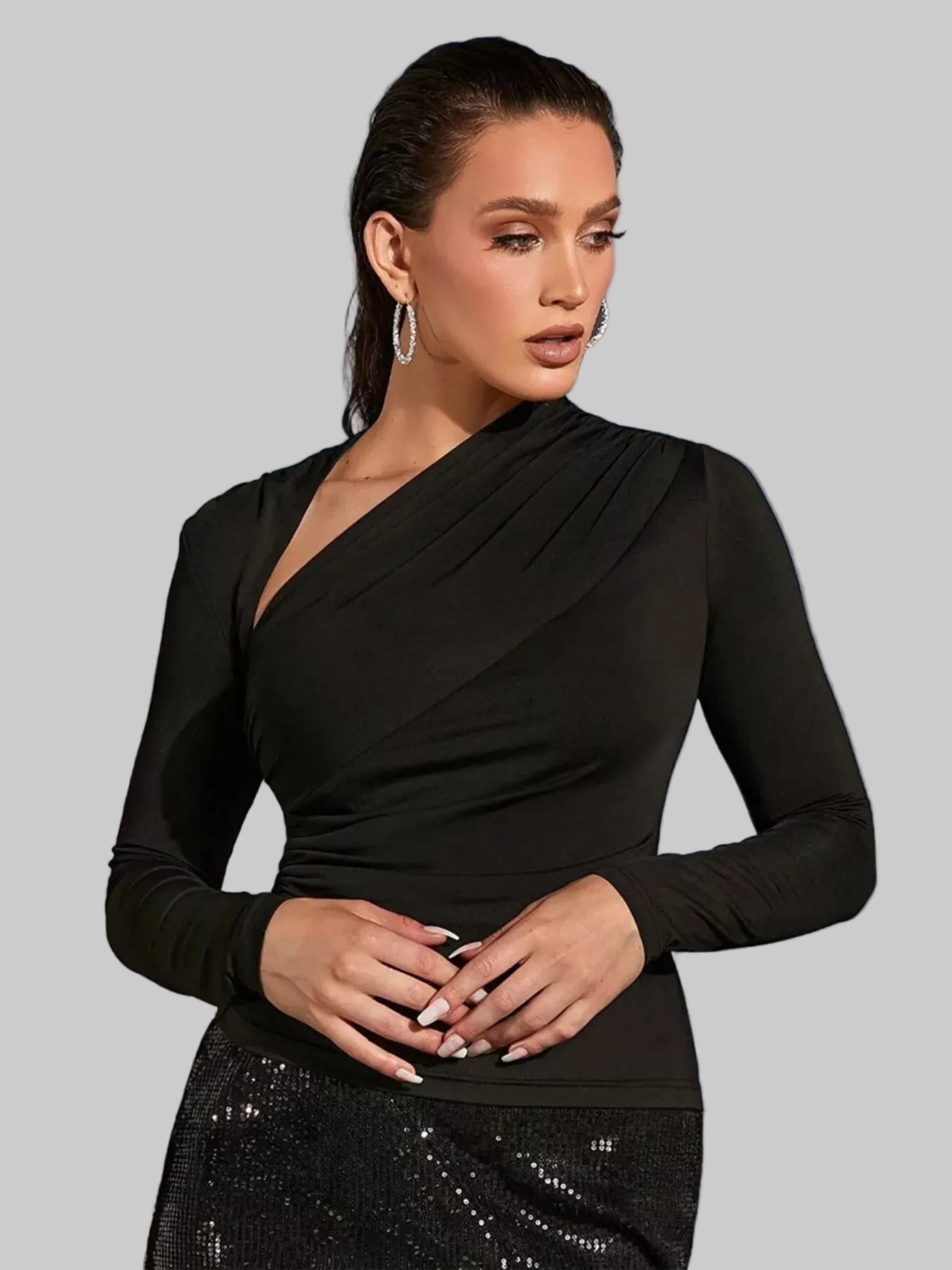 Asymmetrical Cutout Ruched Long Sleeve Top Stretch Fitted Blouse Black / S Shirts & Tops The Nichole Collection - Official Site