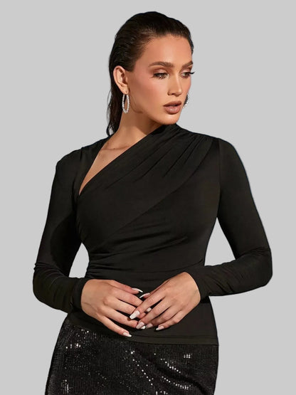 Asymmetrical Cutout Ruched Long Sleeve Top Stretch Fitted Blouse Black / S Shirts & Tops The Nichole Collection - Official Site
