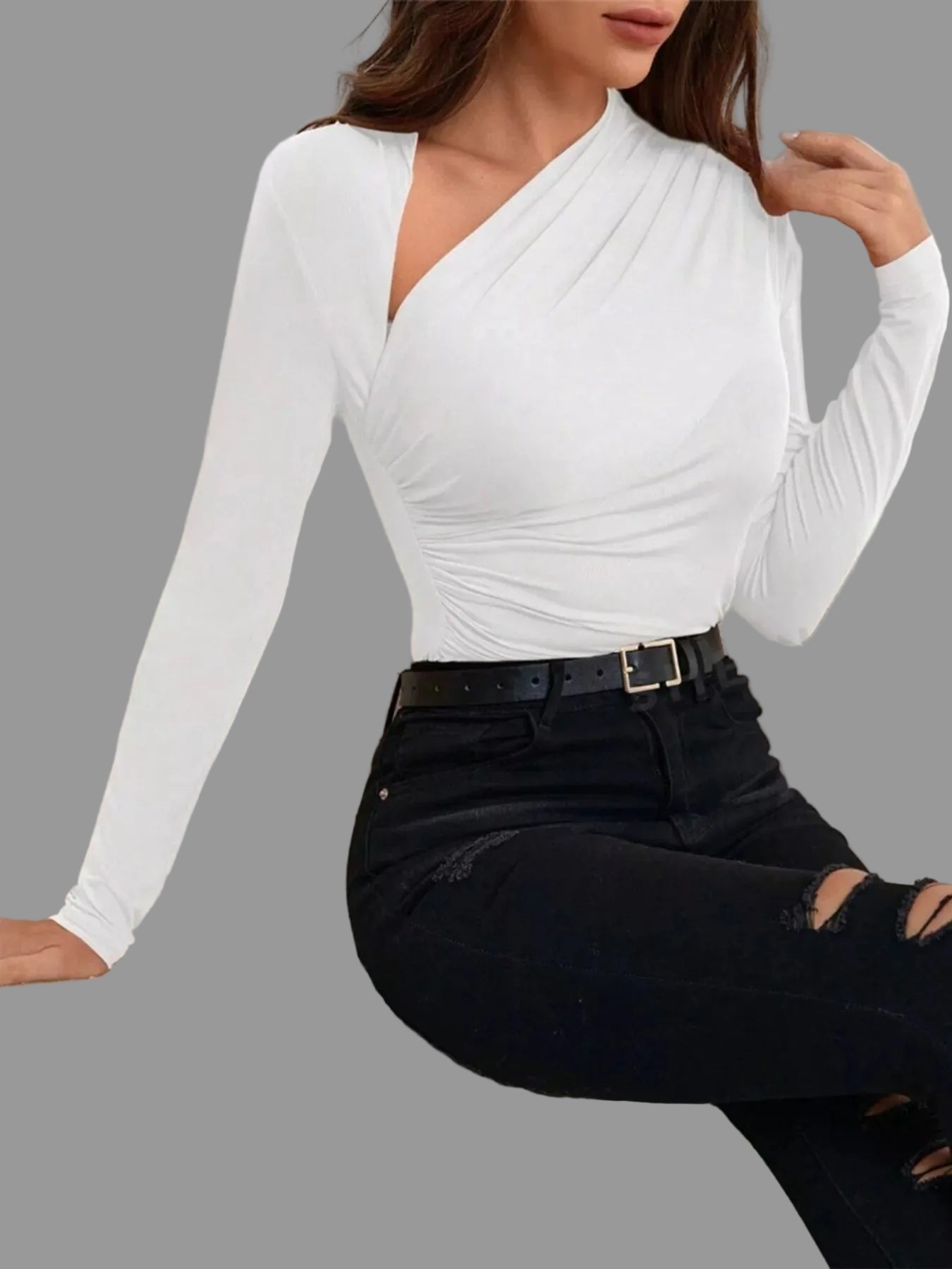 Asymmetrical Cutout Ruched Long Sleeve Top Stretch Fitted Blouse Shirts & Tops The Nichole Collection - Official Site
