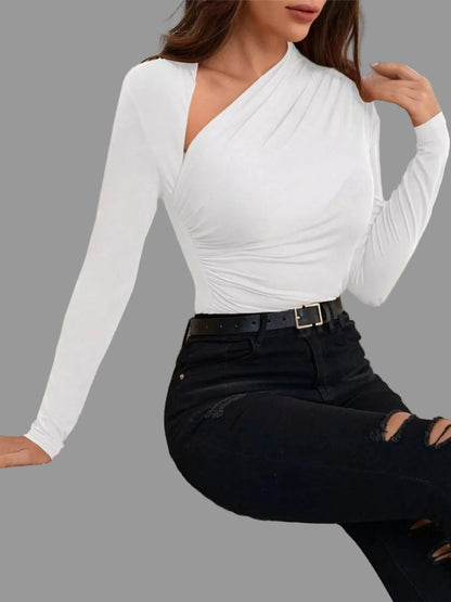 Asymmetrical Cutout Ruched Long Sleeve Top Stretch Fitted Blouse Shirts & Tops The Nichole Collection - Official Site