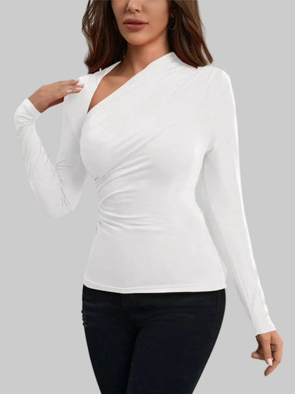 Asymmetrical Cutout Ruched Long Sleeve Top Stretch Fitted Blouse Shirts & Tops The Nichole Collection - Official Site