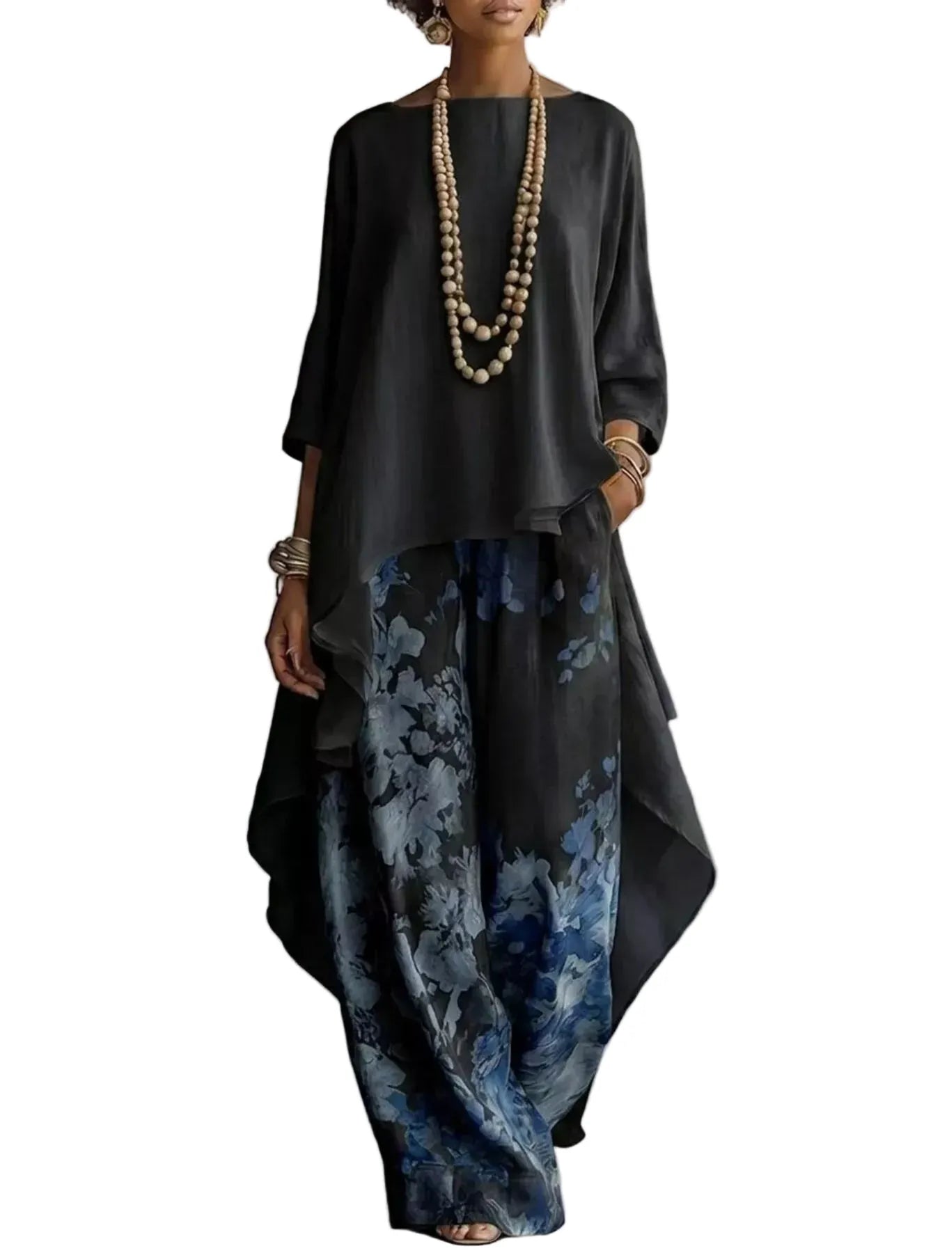 Asymmetrical Hem Top and Floral Pants Set Black / S The Nichole Collection - Official Site