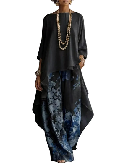 Asymmetrical Hem Top and Floral Pants Set Black / S The Nichole Collection - Official Site