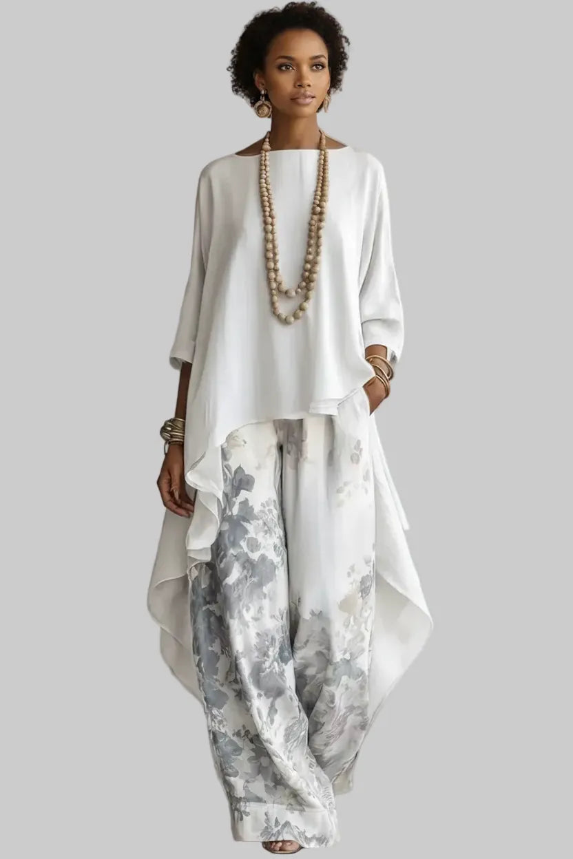 Asymmetrical Hem Top and Floral Pants Set White / S The Nichole Collection - Official Site