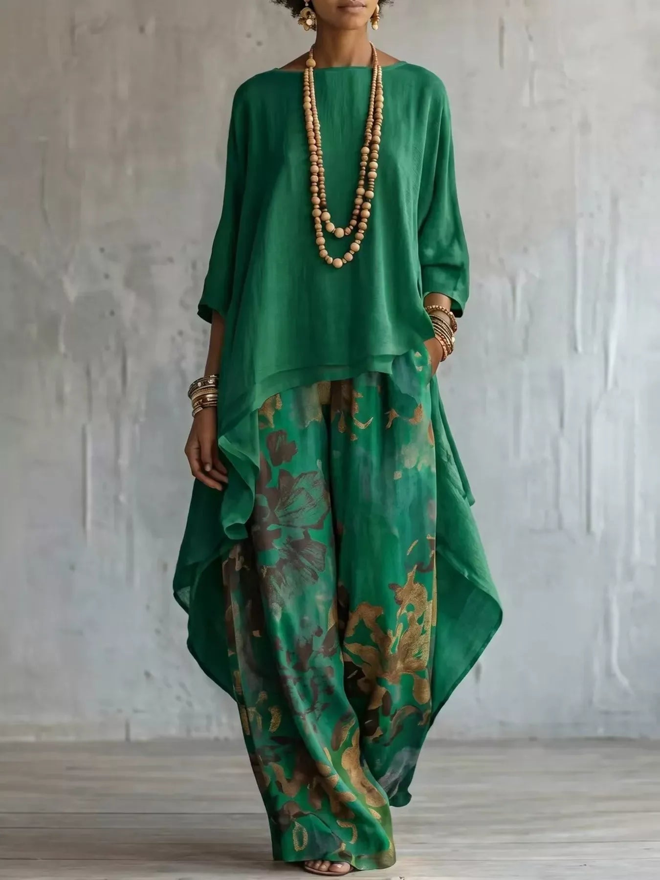 Asymmetrical Hem Top and Floral Pants Set Green / S The Nichole Collection - Official Site