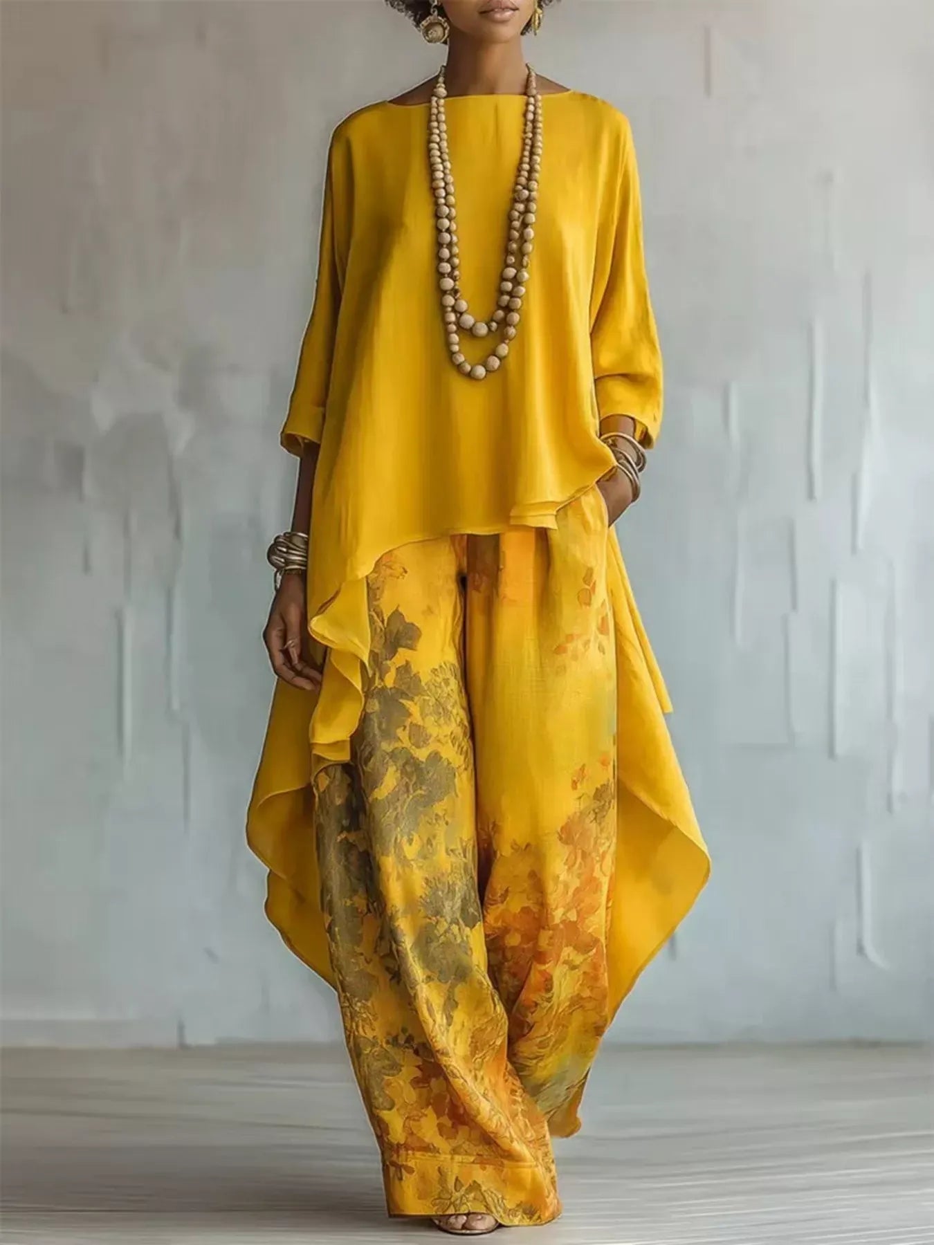 Asymmetrical Hem Top and Floral Pants Set Yellow / S The Nichole Collection - Official Site