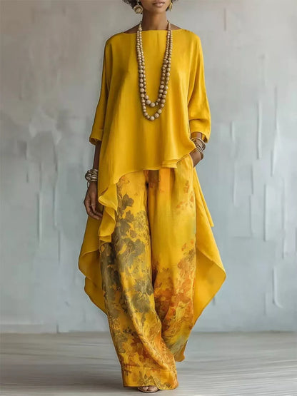Asymmetrical Hem Top and Floral Pants Set Yellow / S The Nichole Collection - Official Site