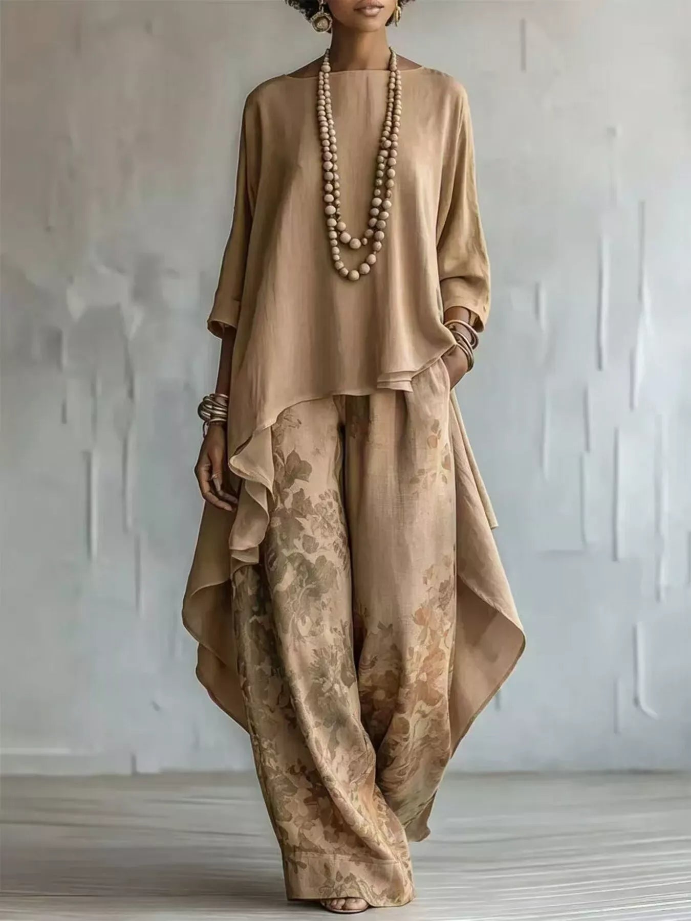 Asymmetrical Hem Top and Floral Pants Set Khaki / S The Nichole Collection - Official Site