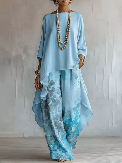Asymmetrical Hem Top and Floral Pants Set Sky Blue / S The Nichole Collection - Official Site