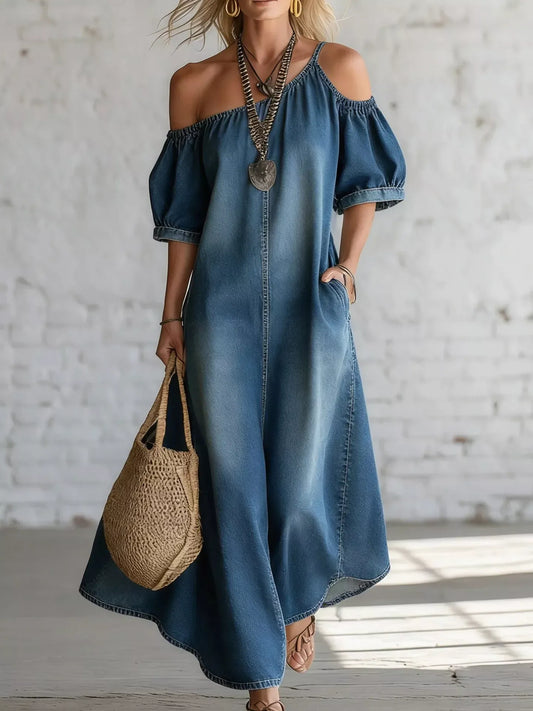 Asymmetrical Neck Denim Maxi Dress with Pockets Blue / S The Nichole Collection - Official Site