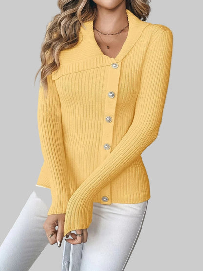 Asymmetrical Ribbed Button Up Cardigan Yellow / S The Nichole Collection