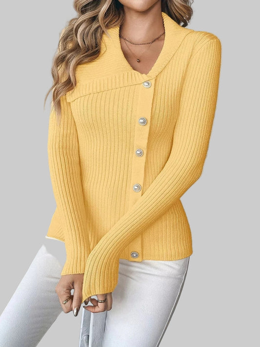 Asymmetrical Ribbed Button Up Cardigan Yellow / S The Nichole Collection