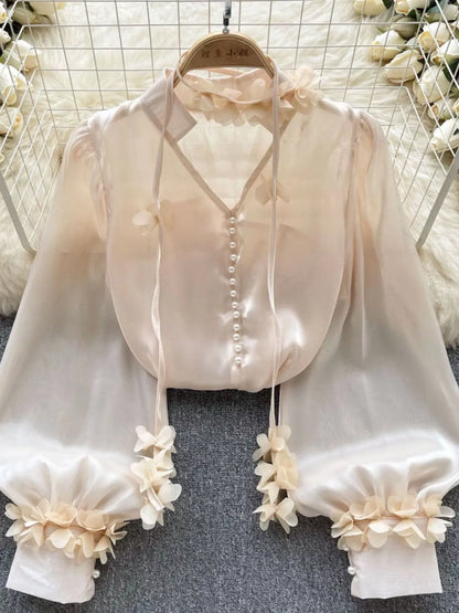 Sheer Floral-Embellished Shirt The Nichole Collection