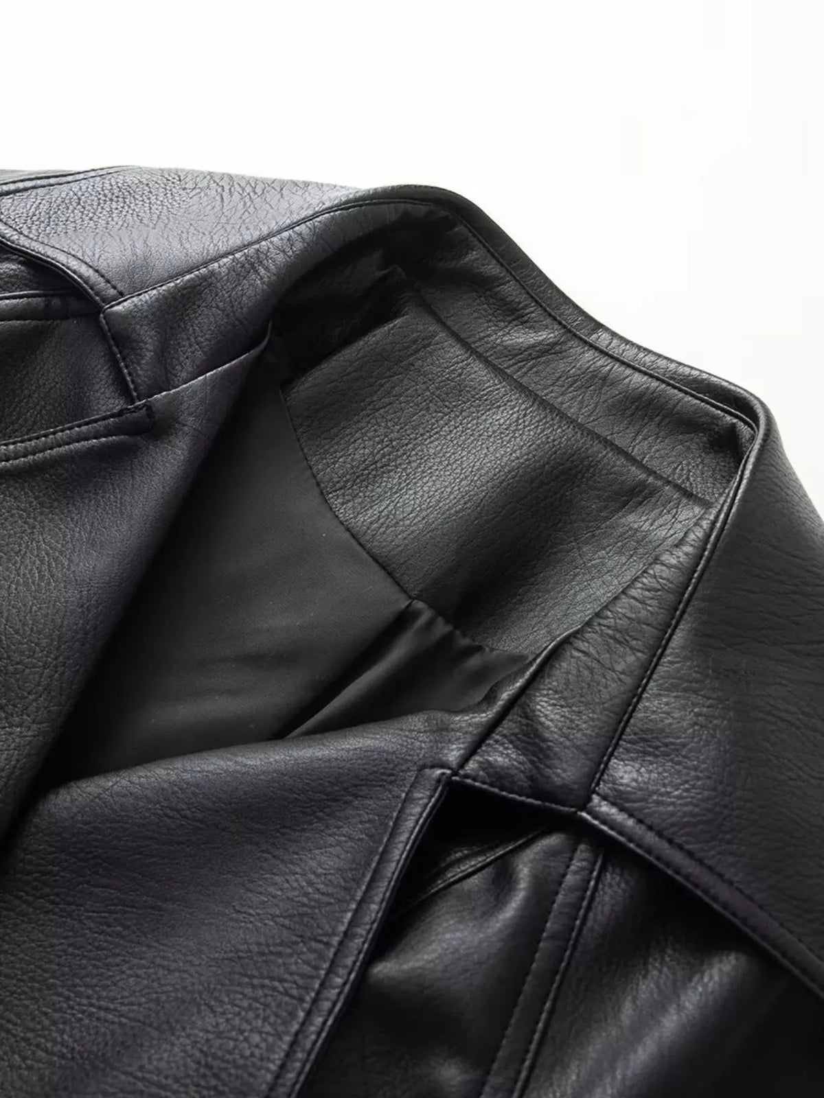 Double-Breasted Vegan Leather Belted Jacket The Nichole Collection