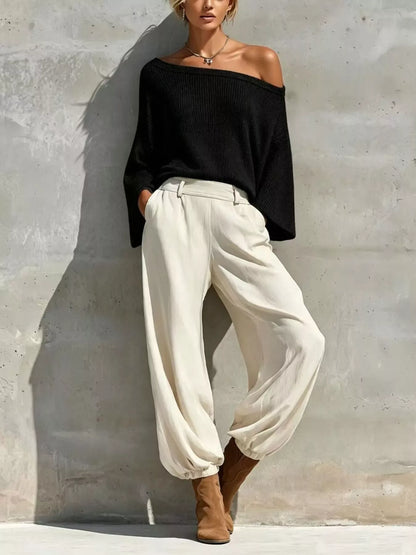 ONE-SHOULDER KNIT TOP & HIGH-WAIST PANTS SET The Nichole Collection - Official Site