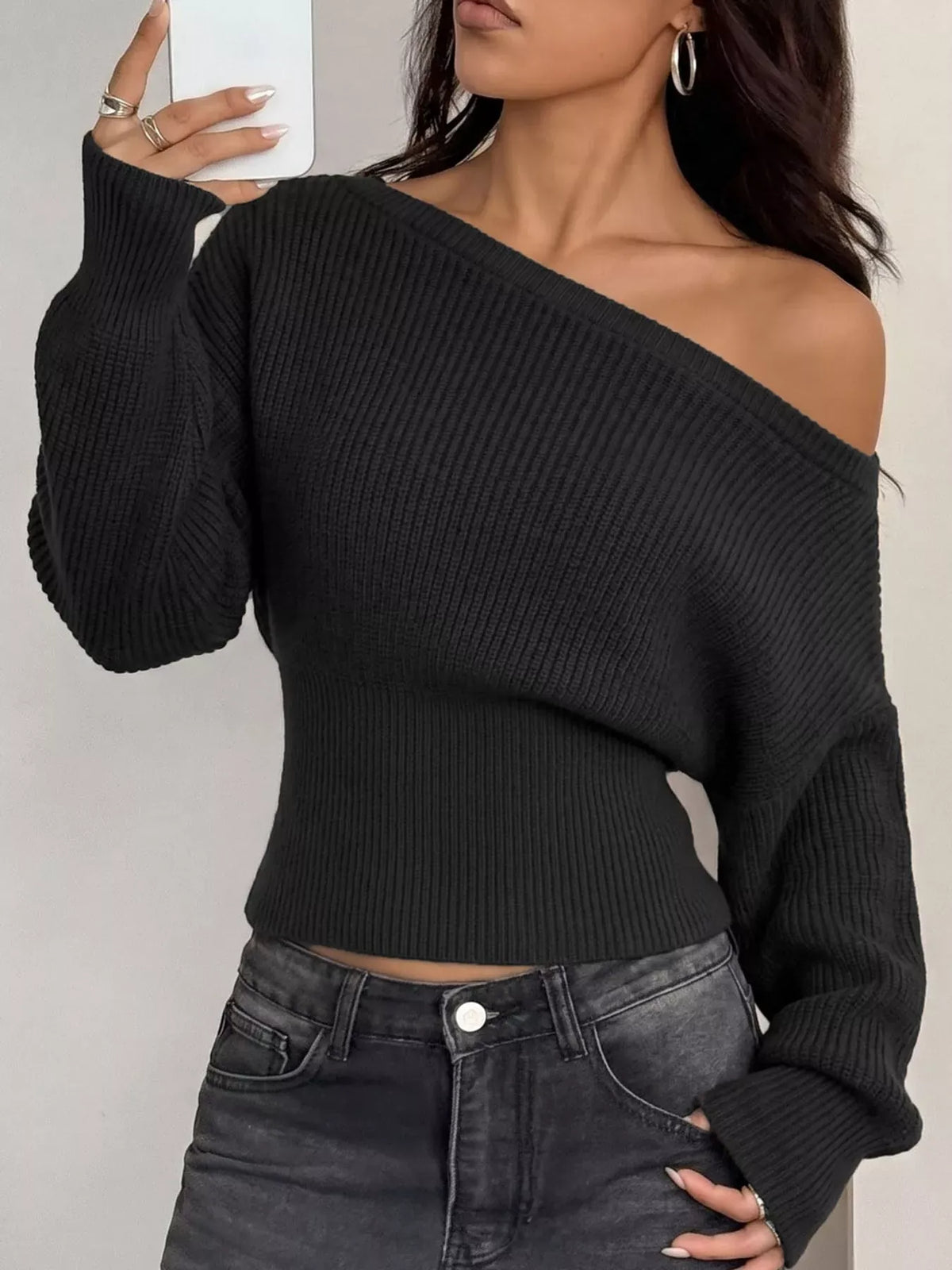 One-Shoulder Ribbed Knit Sweater The Nichole Collection