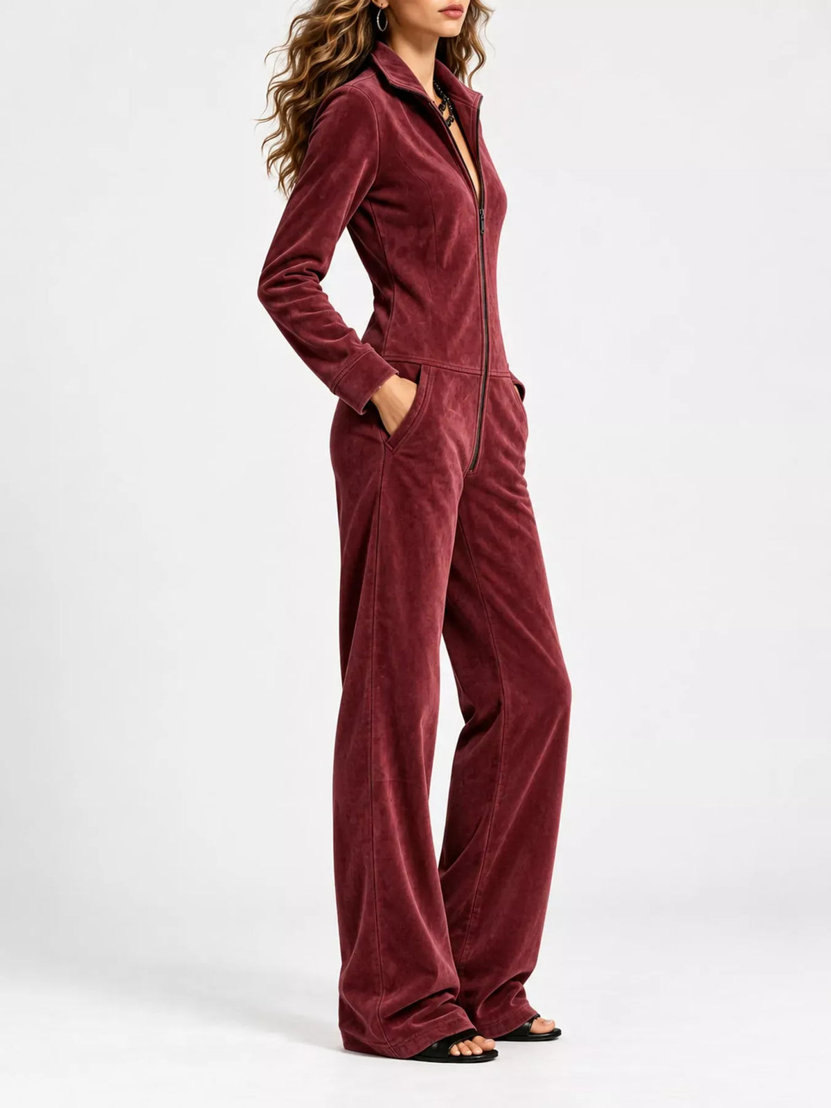 Velour Zip-Up Jumpsuit with Pockets The Nichole Collection