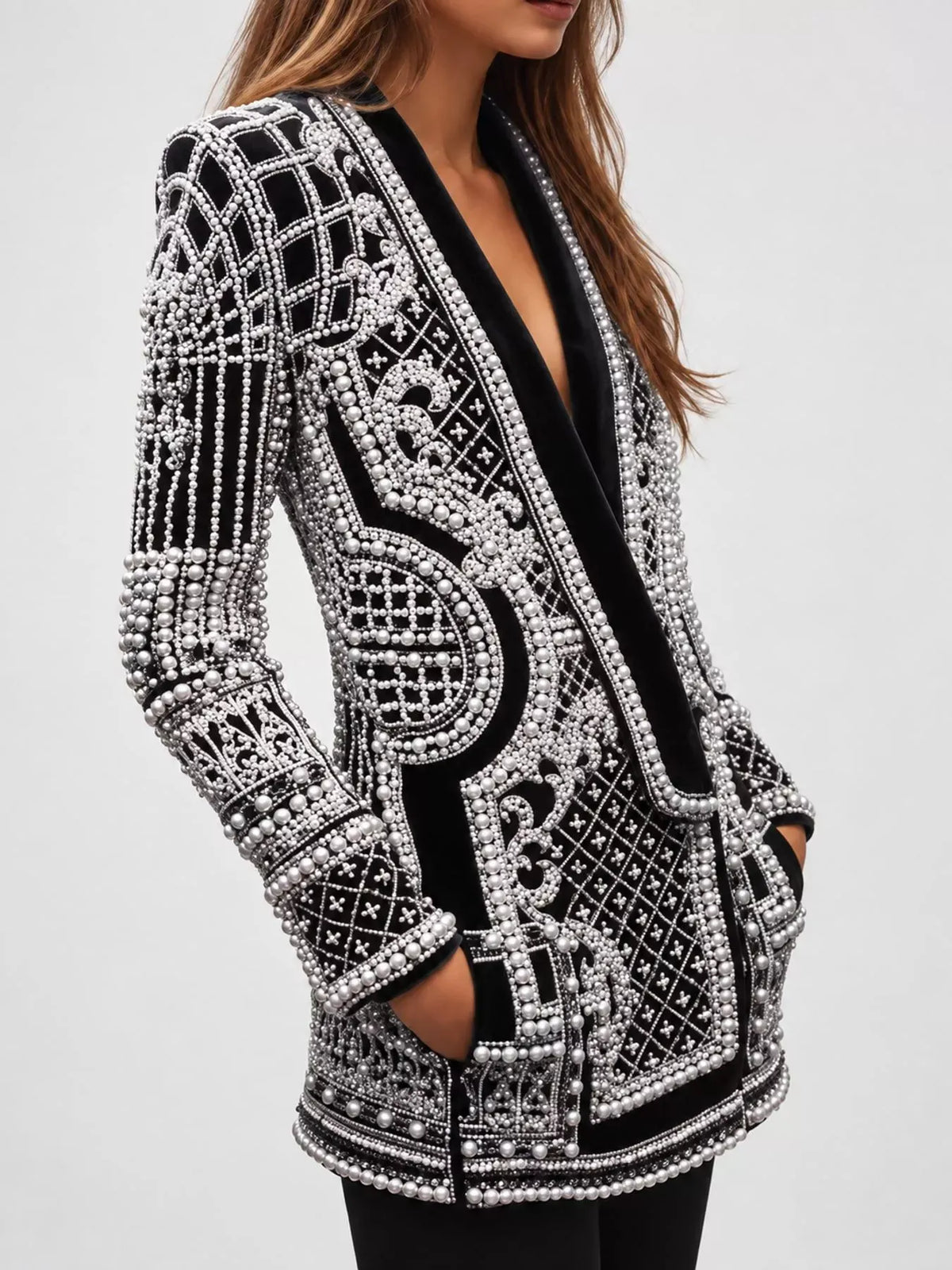 Pearl-Embellished One-Button Blazer The Nichole Collection