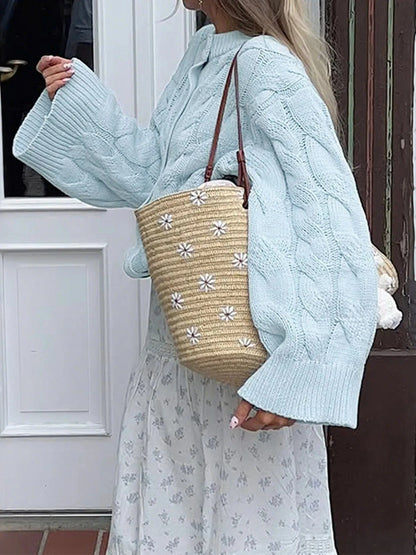 Baby Blue Cable Knit Button-Up Cardigan Cardigan The Nichole Collection