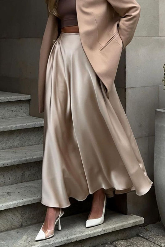 Back Elastic Waist Satin Minx Skirt – Elegant & Comfortable Khaki / S The Nichole Collection