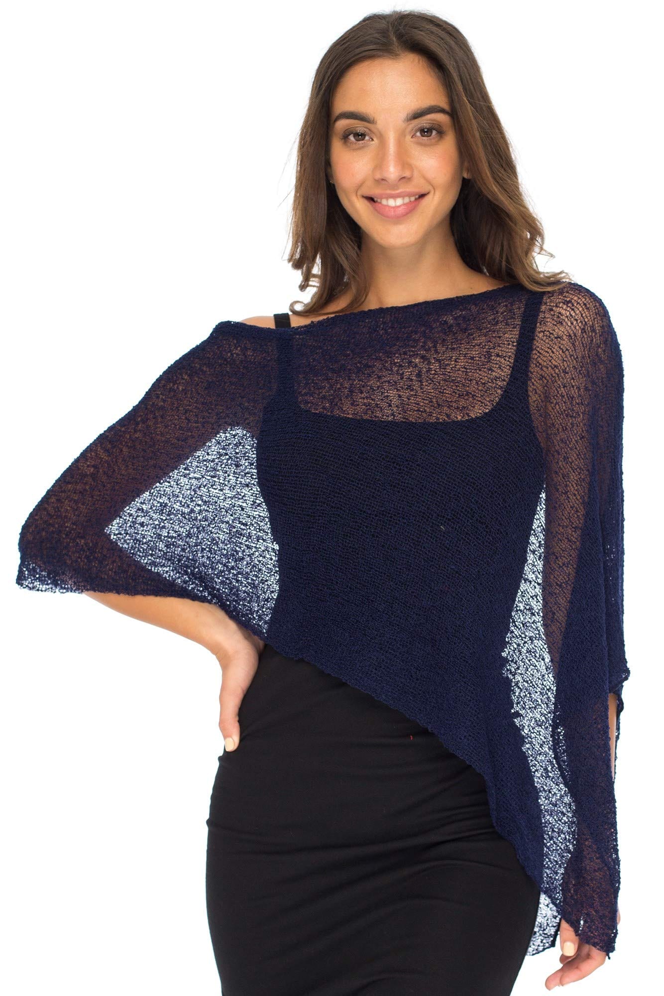 Back From Bali Womens Sheer Poncho Shrug Bolero, Lightweight Summer Shrug Pullover Sweater Dark Navy The Nichole Collection