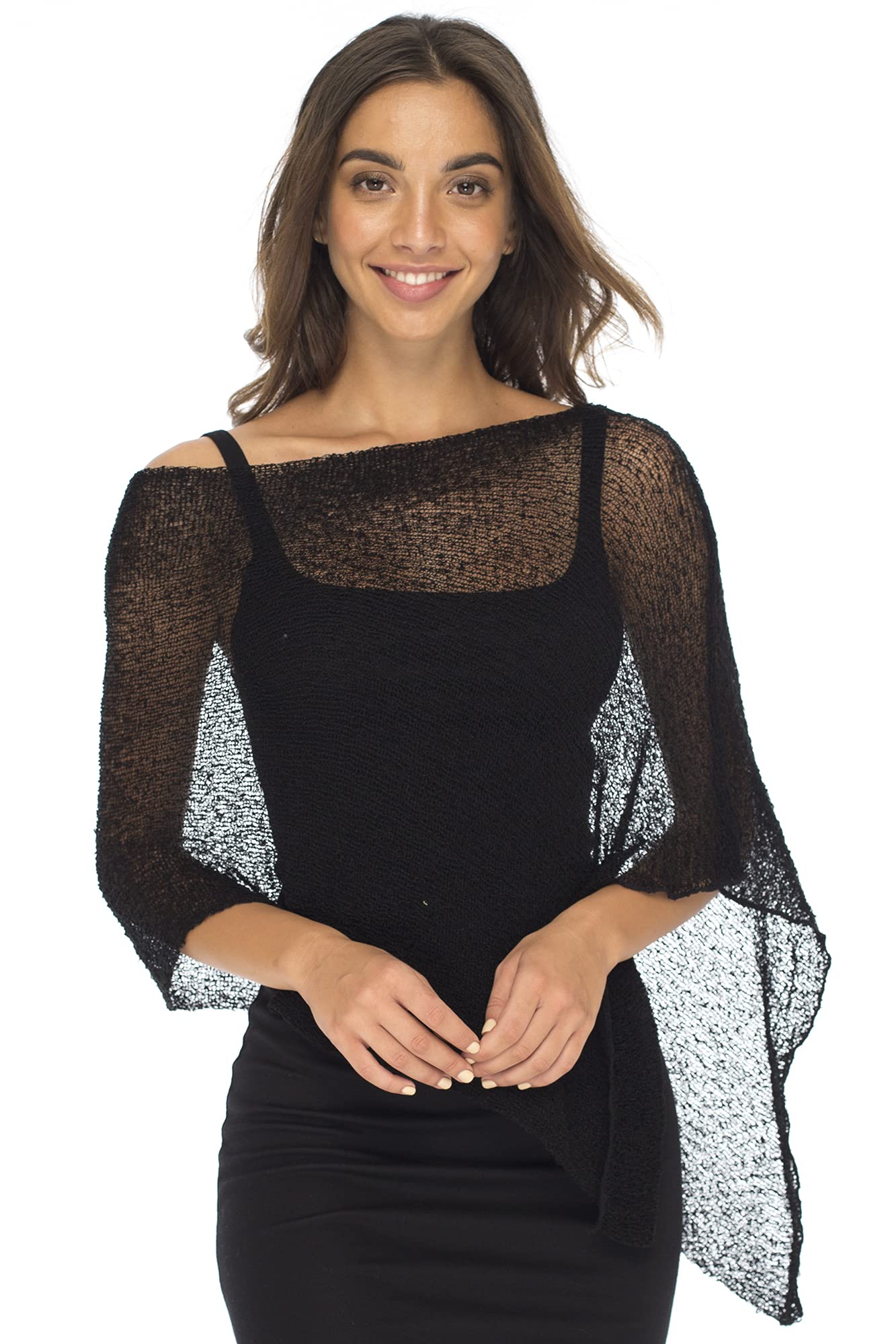 Back From Bali Womens Sheer Poncho Shrug Bolero, Lightweight Summer Shrug Pullover Sweater Black The Nichole Collection