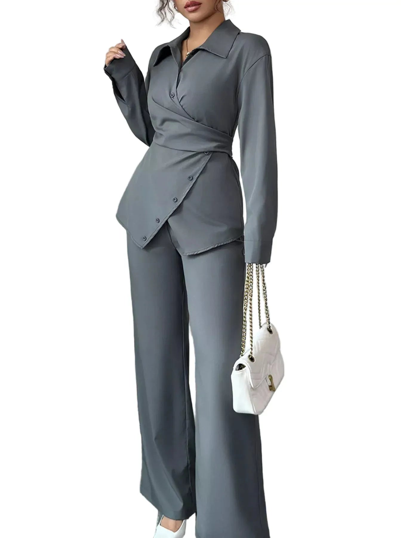 Back Tie Wrap Blazer and Wide Leg Pants Set Women's Sets Dark Gray / S The Nichole Collection