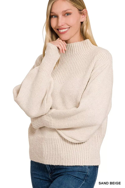 Balloon Sleeve Mock Neck Sweater SAND BEIGE / S The Nichole Collection