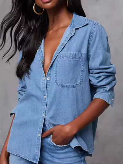 Snap-Down Long-Sleeve Denim Shirt The Nichole Collection