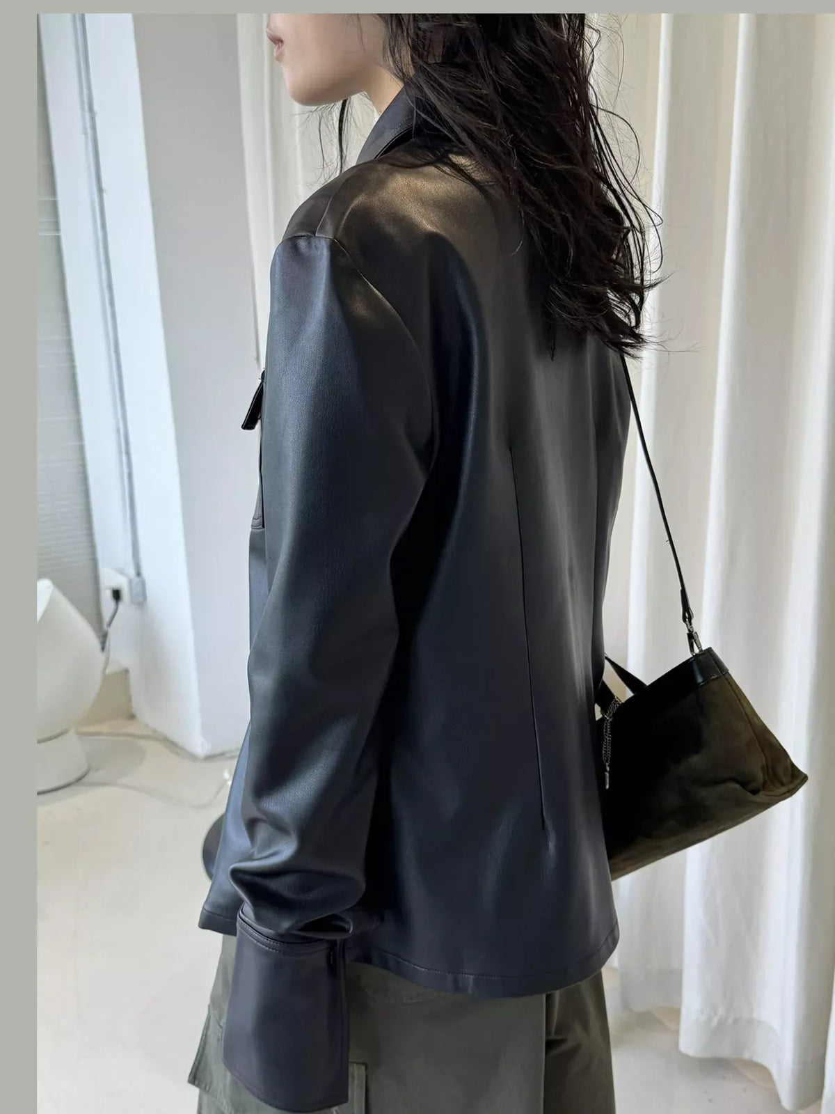 Point-Collar Faux-Leather Shacket The Nichole Collection