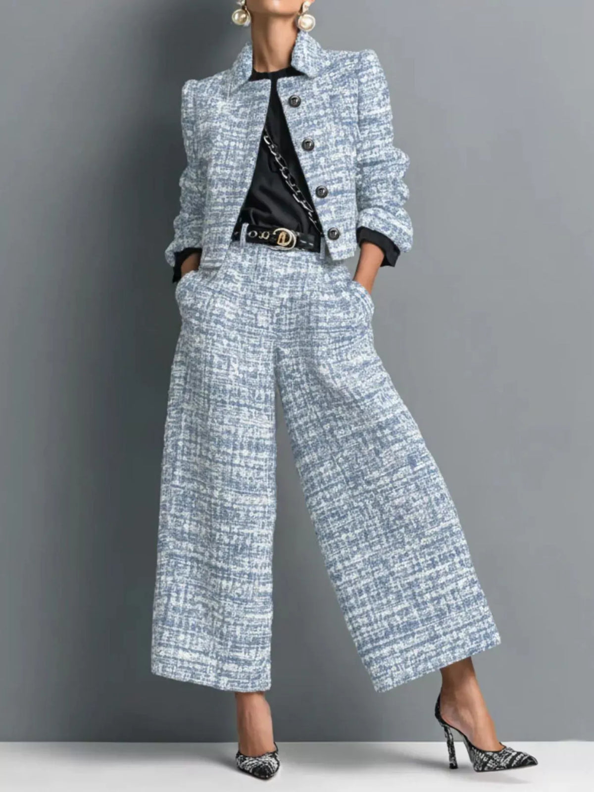 Tweed Cropped Jacket & Wide-Leg Pants Set The Nichole Collection - Official Site