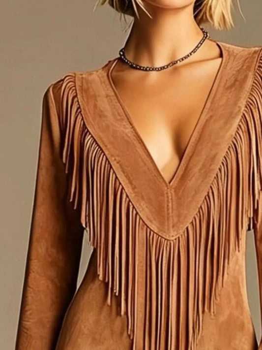 Suede-Look Fringe V-Neck Mini Dress The Nichole Collection - Official Site