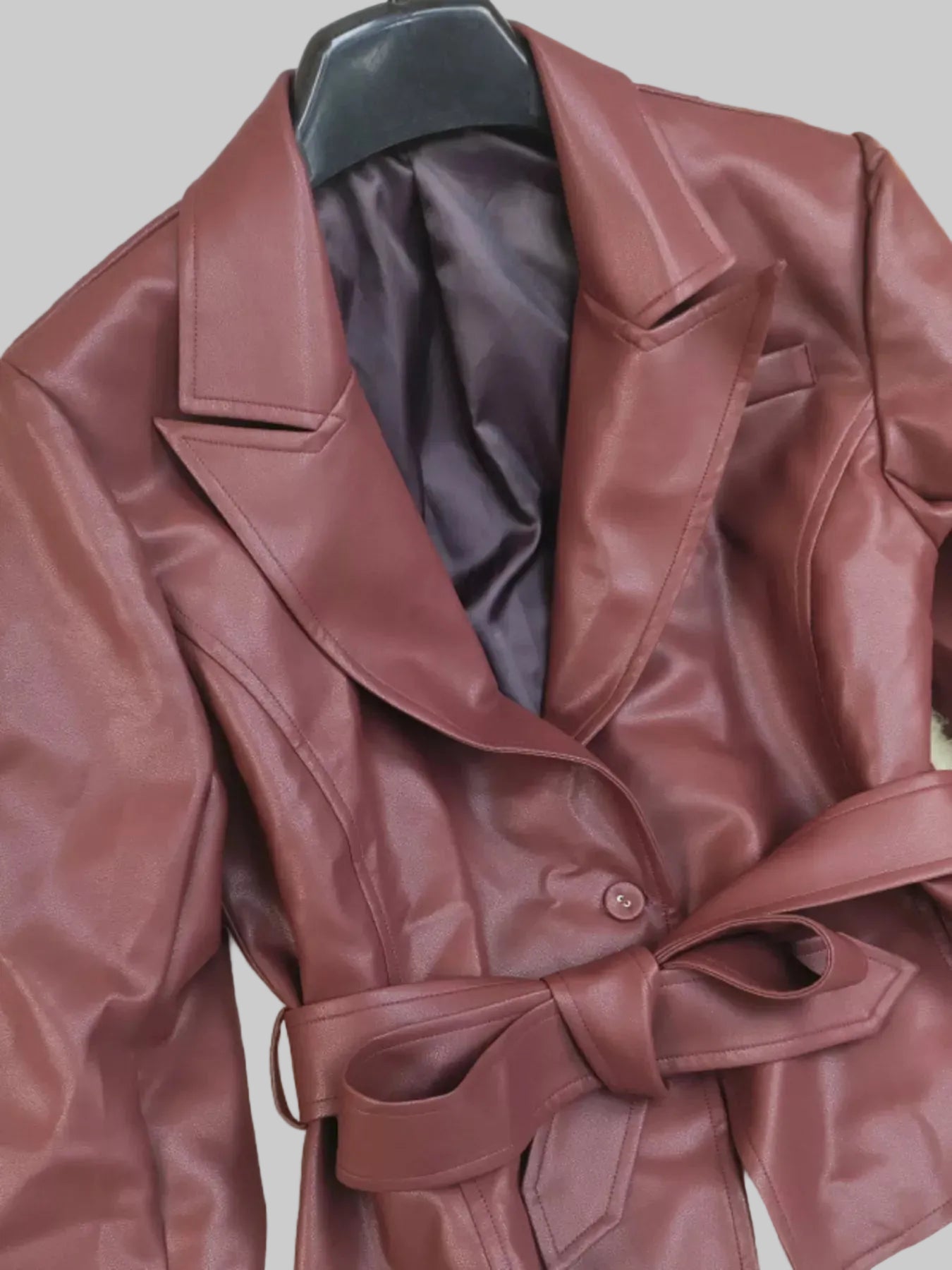 Belted Faux Leather Blazer - Burgundy / S