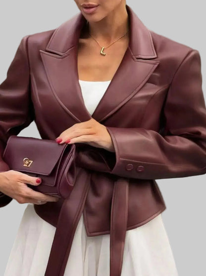 Belted Faux Leather Blazer - Burgundy / S