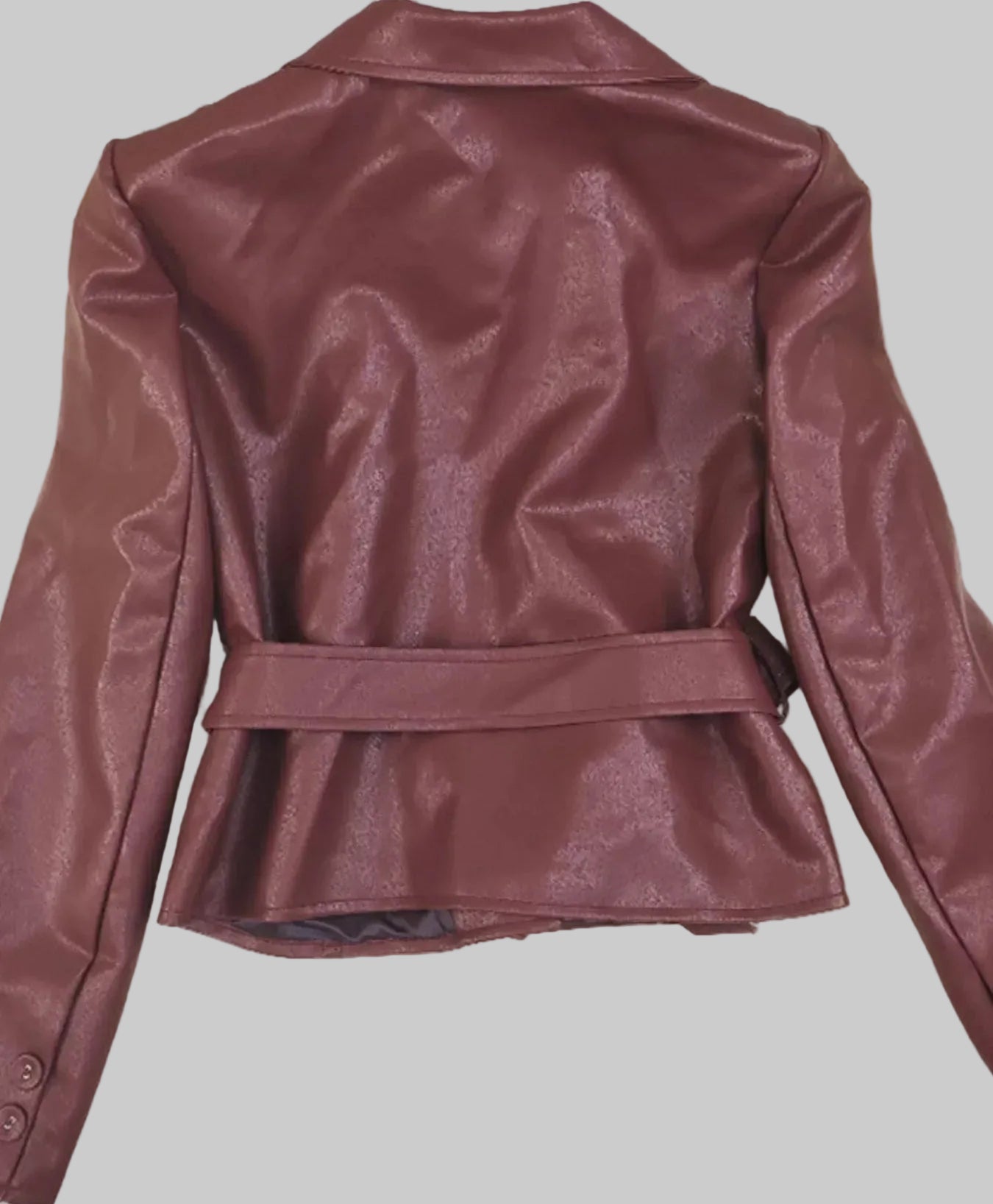 Belted Faux Leather Blazer - Burgundy / S