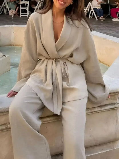 Belted Long Sleeve Blazer and Pants Set Women's Sets The Nichole Collection