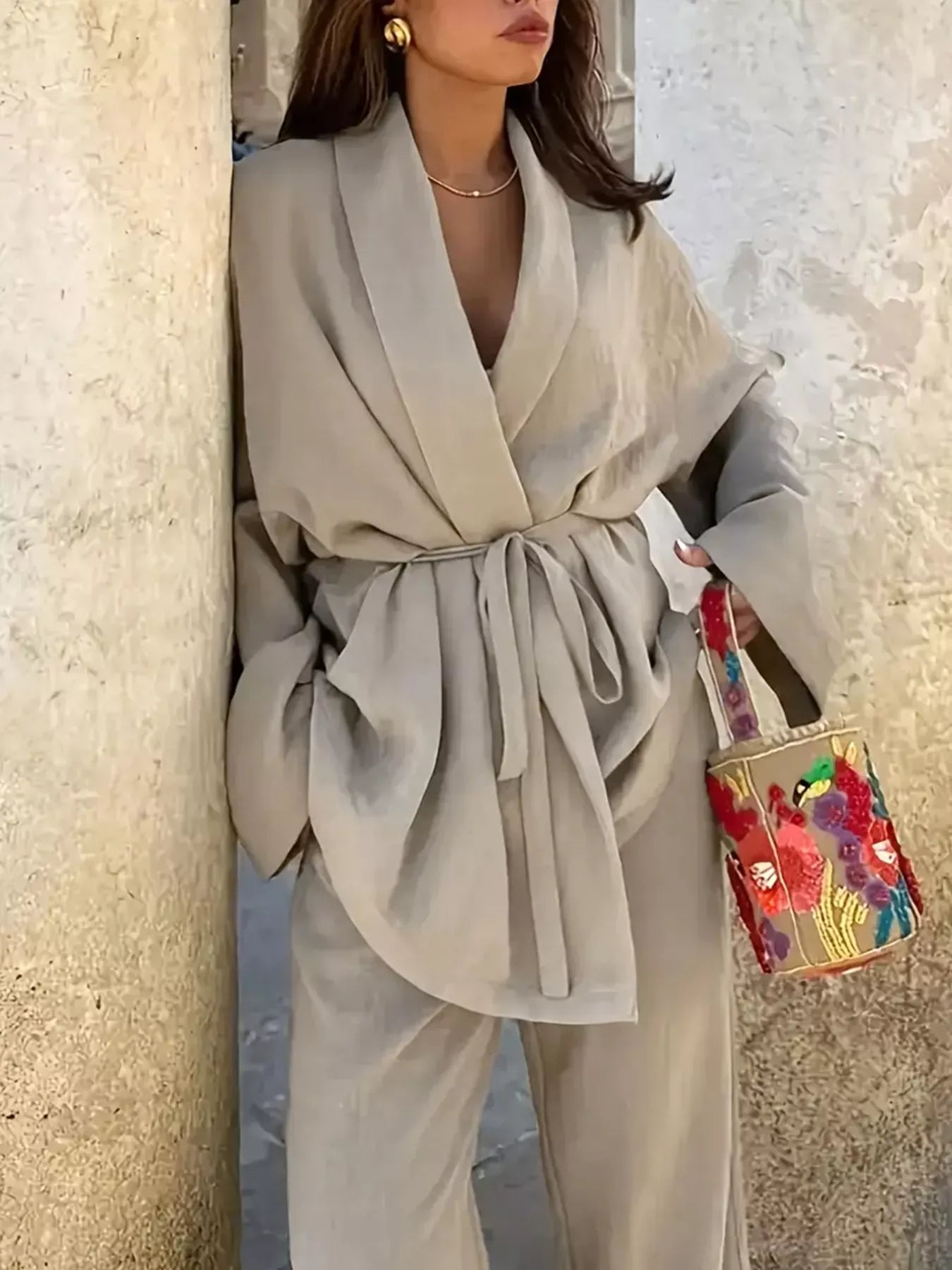 Belted Long Sleeve Blazer and Pants Set Women's Sets The Nichole Collection