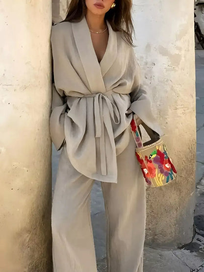 Belted Long Sleeve Blazer and Pants Set Women's Sets Dust Storm / 0XL The Nichole Collection