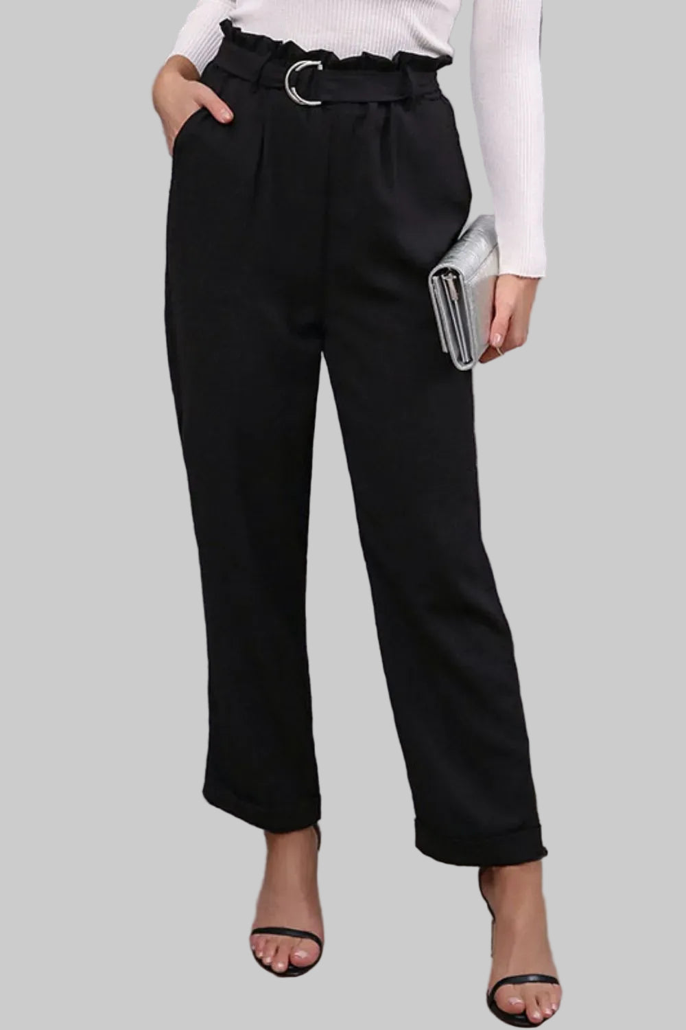 Belted Paperbag Waist Pants Dress Pants Black / S The Nichole Collection
