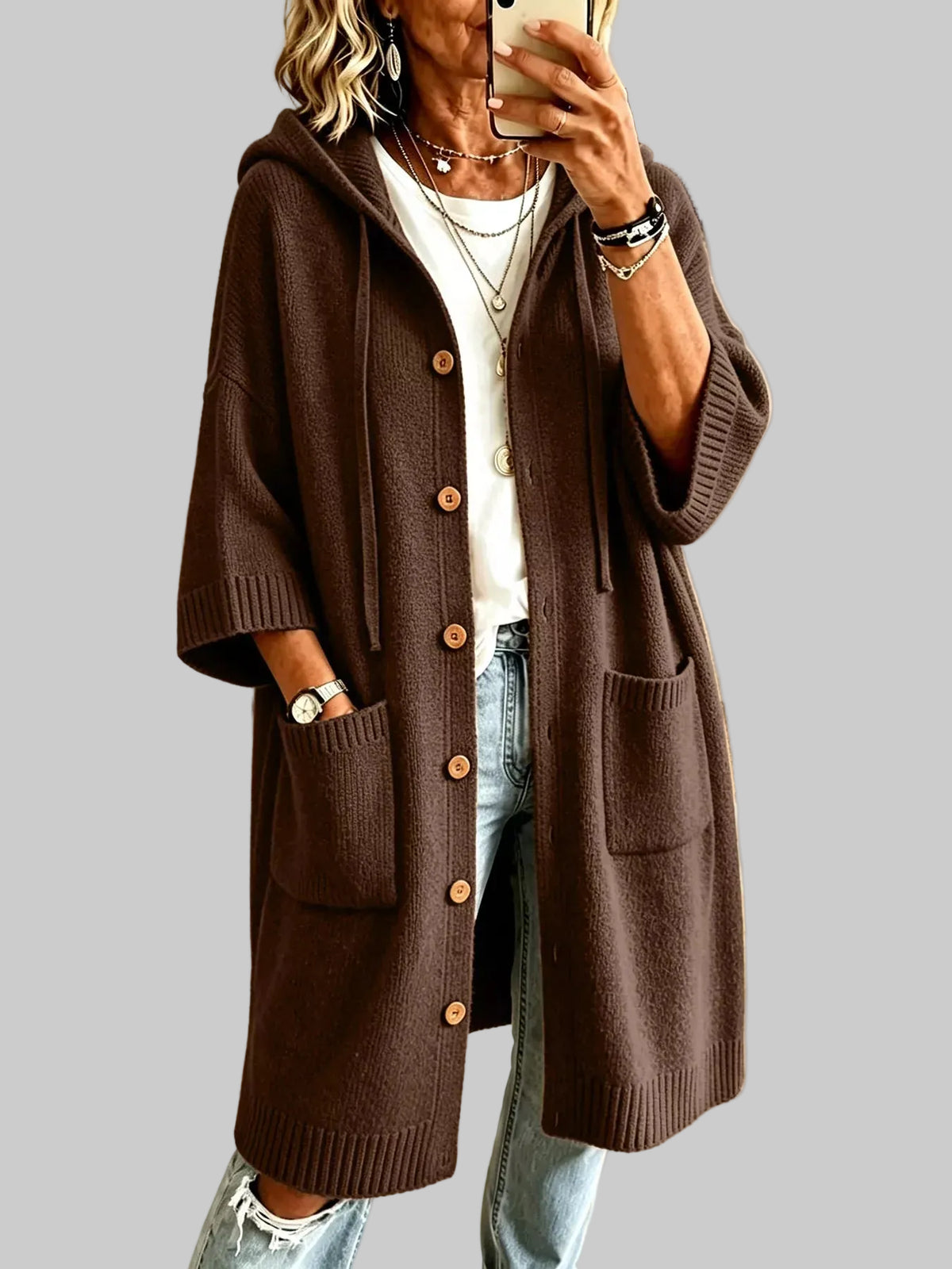 HOODED BUTTON-FRONT KNIT LONG CARDIGAN The Nichole Collection - Official Site