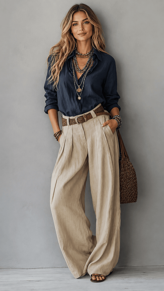 Crinkle Wide Leg Pants & Lapel Shirt Two-Piece Set