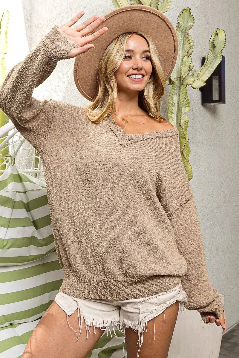 BiBi Raw Edged Popcorn Texture V-neck Sweater Sweaters The Nichole Collection