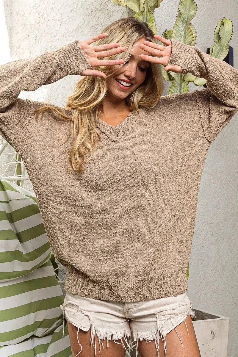 BiBi Raw Edged Popcorn Texture V-neck Sweater Sweaters Latte / S The Nichole Collection