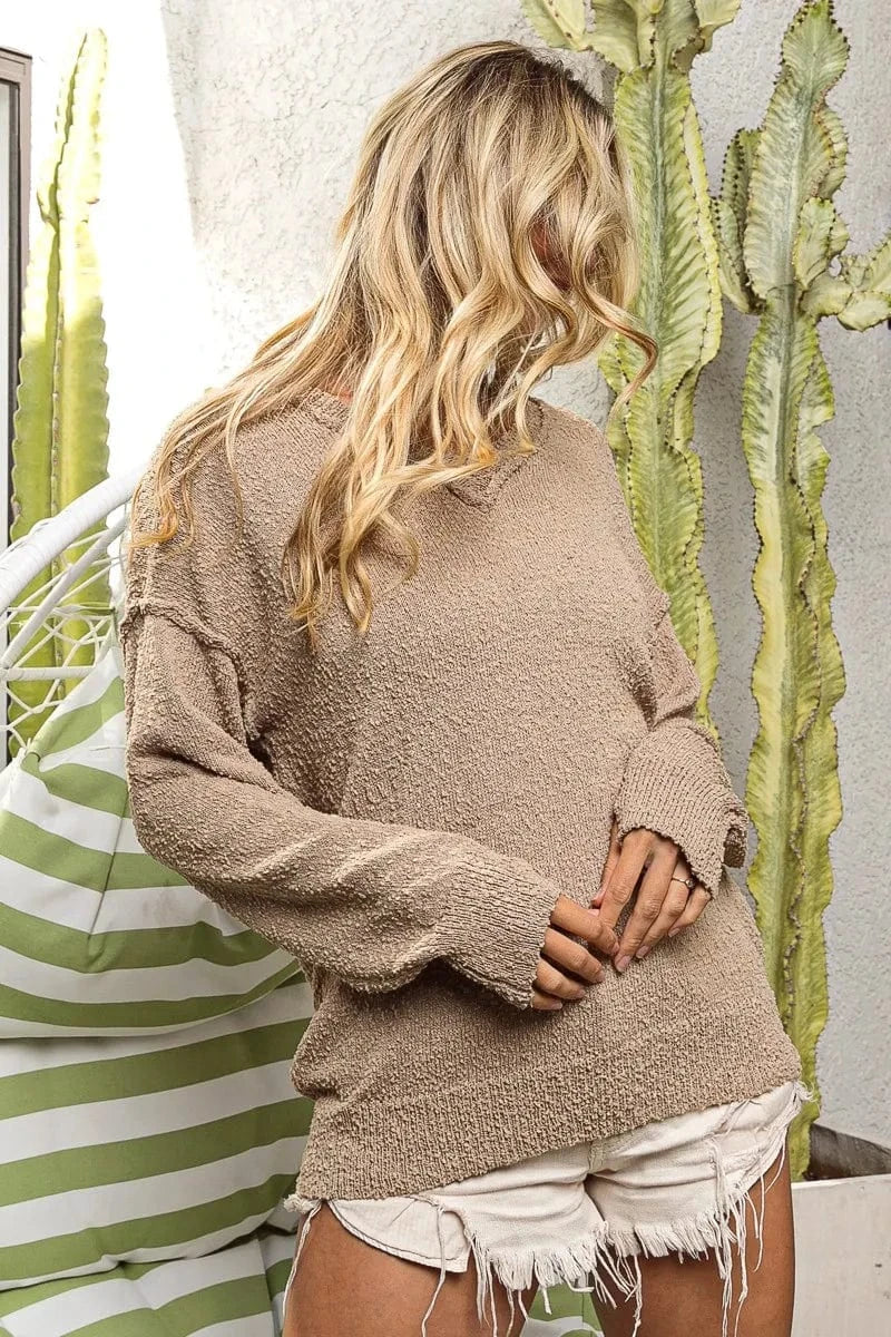 BiBi Raw Edged Popcorn Texture V-neck Sweater Sweaters The Nichole Collection