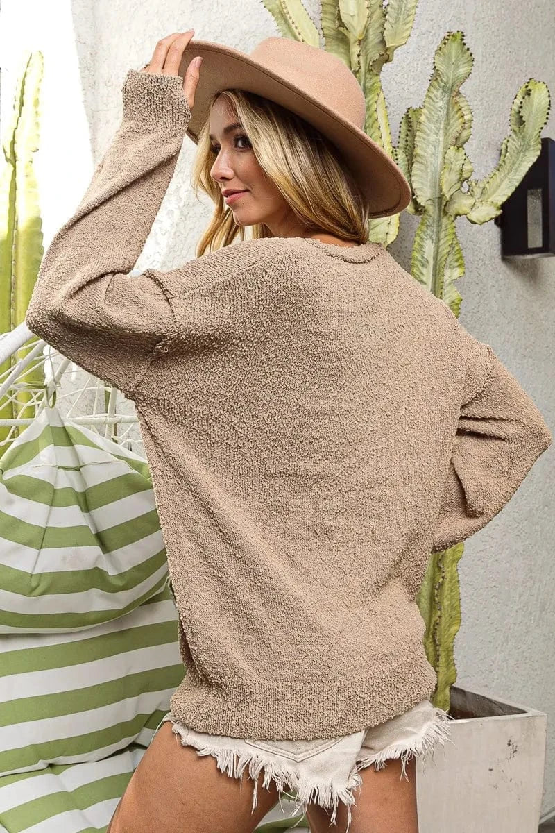 BiBi Raw Edged Popcorn Texture V-neck Sweater Sweaters The Nichole Collection