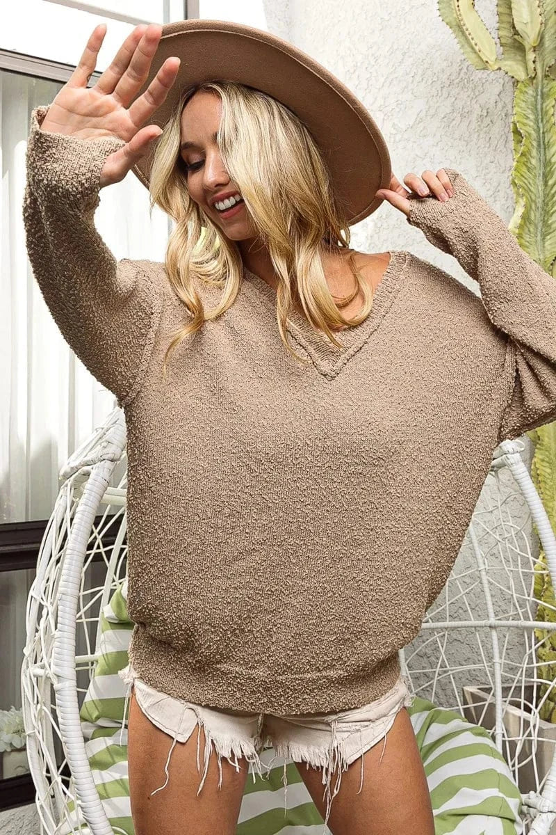 BiBi Raw Edged Popcorn Texture V-neck Sweater Sweaters The Nichole Collection